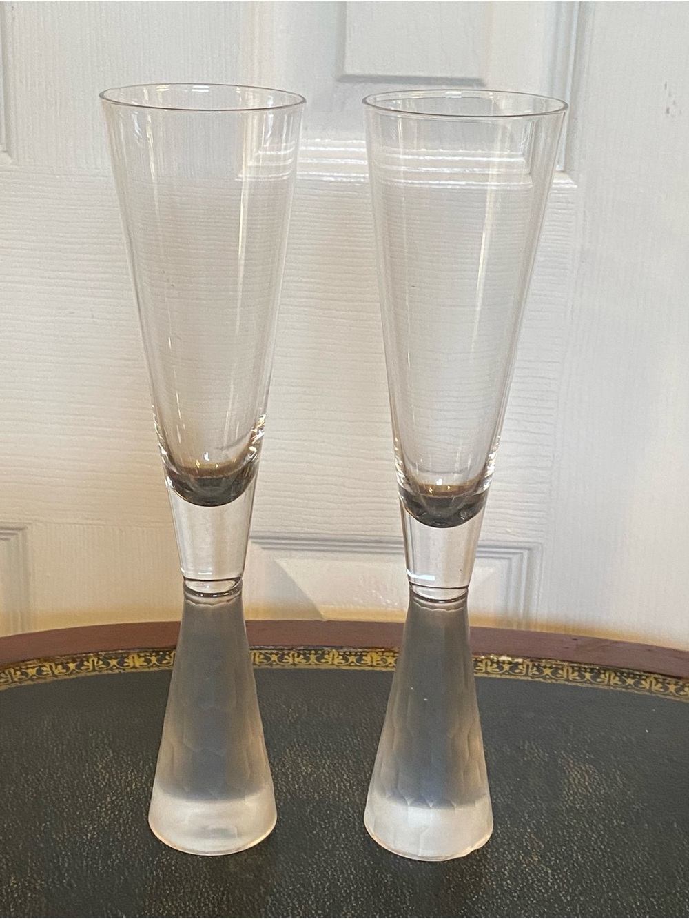 Livogno? Clear Champagne Flutes On Hammered Stem. Set of 2 Frosted footed Glasse